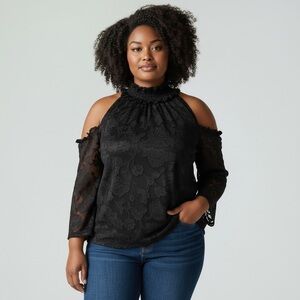 SHEIN Elegant Cold Shoulder Top Long Sleeve Black Plus Size 2XL Blouse